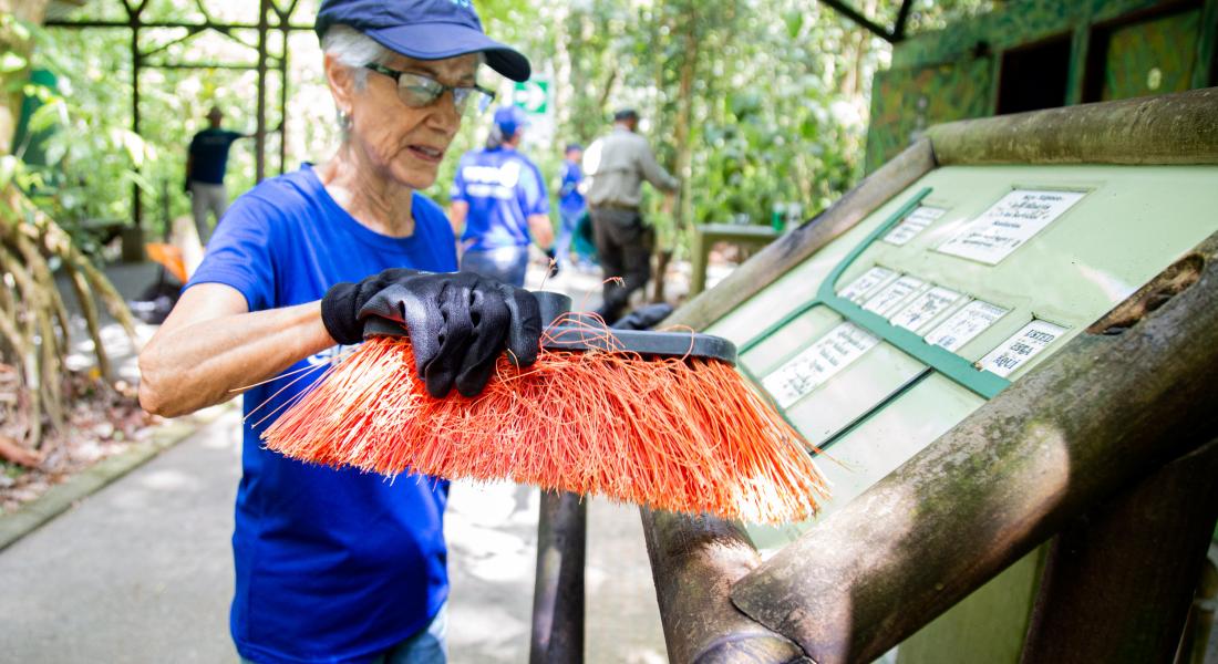 Una mujer delgada, de cabello corto y gris, utiliza un cepillo para limpiar un rótulo con información para visitantes en un parque nacional. Ella viste una camiseta azul, una gorra también azul y guantes de látex.